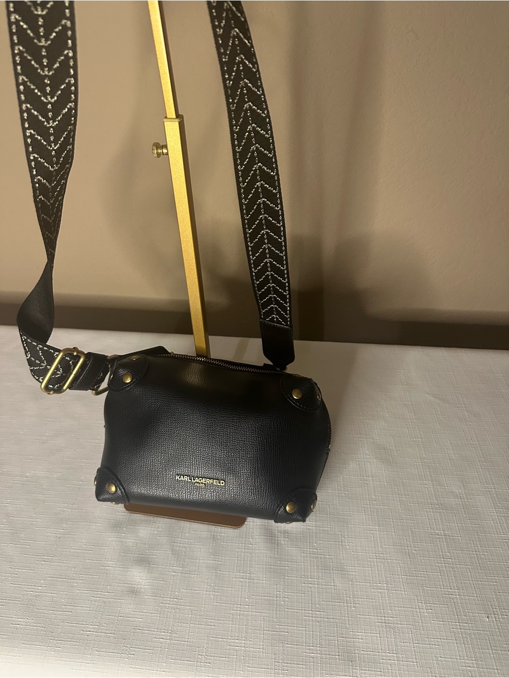 Karl Lagerfeld Black Leather Belt Bag with Patterned Strap